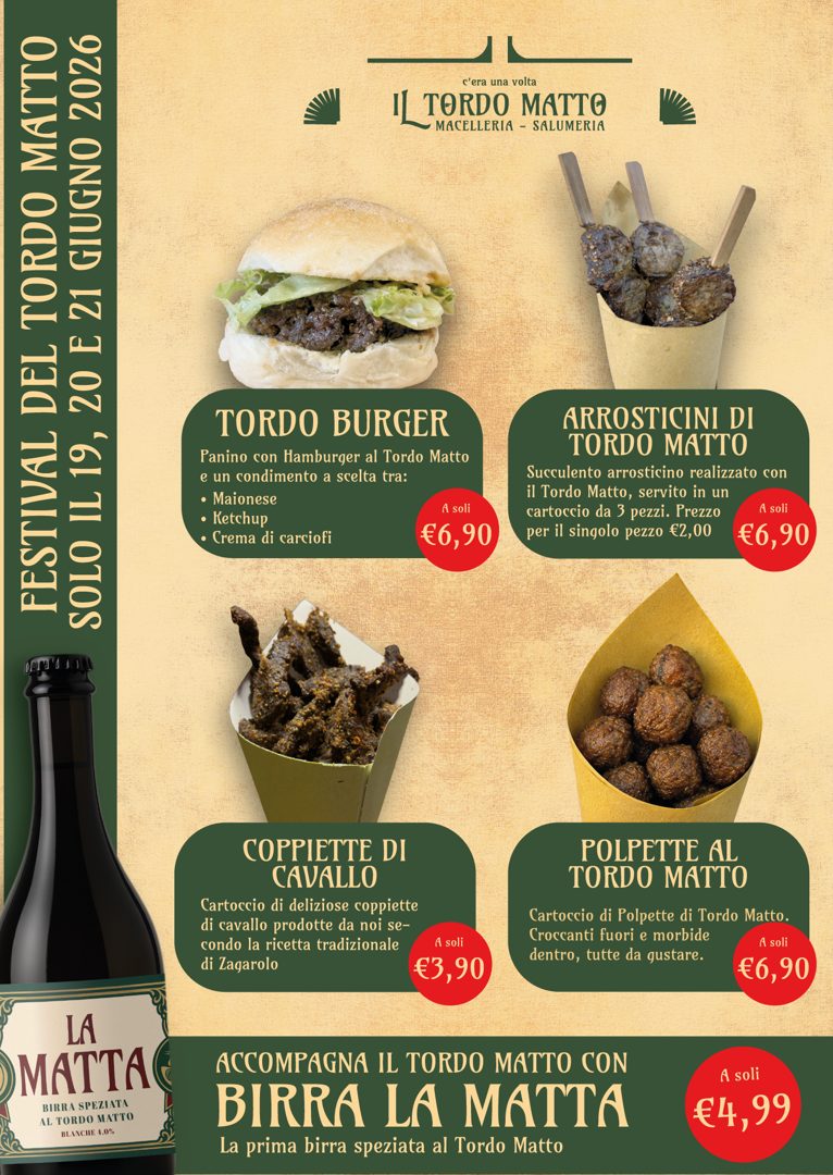 Menù del Festival del Tordo Matto, 19, 20 e 21 giugno 2026