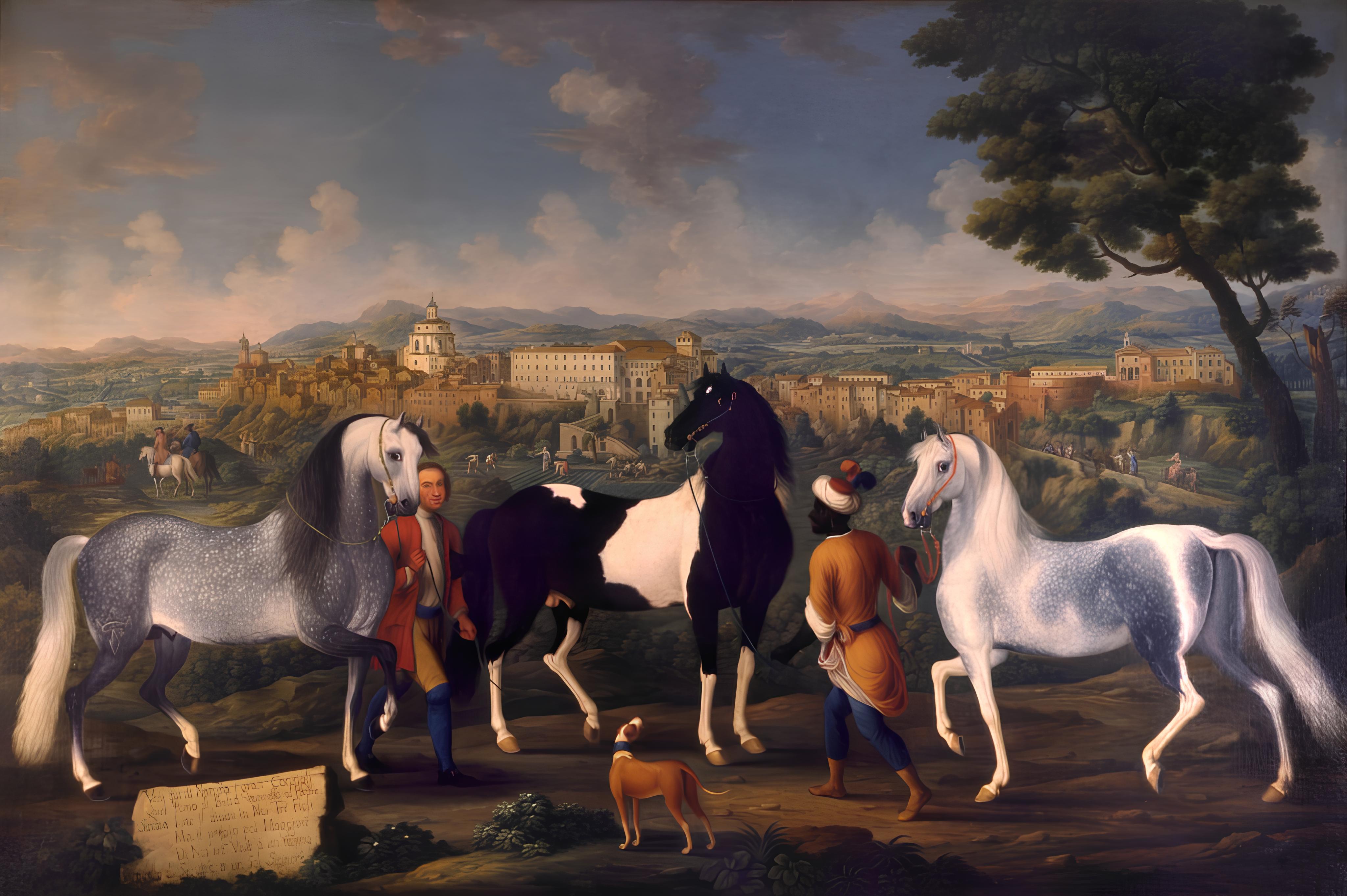 Cavalli a Zagarolo - dipinto d'epoca con il borgo sullo sfondo